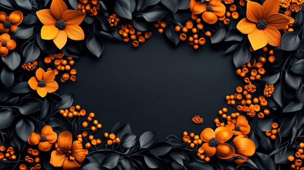 A hyper-detailed, high-resolution 3D rendering featuring an abstract floral-inspired design in vibrant orange and black. The intricate, high-contrast composition combines natural floral motifs with a modern, digital aesthetic, creating a visually rich and immersive background.