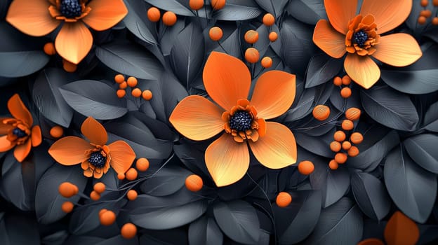 A hyper-detailed, high-resolution 3D rendering featuring an abstract floral-inspired design in vibrant orange and black. The intricate, high-contrast composition combines natural floral motifs with a modern, digital aesthetic, creating a visually rich and immersive background.