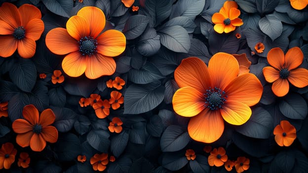 A hyper-detailed, high-resolution 3D rendering featuring an abstract floral-inspired design in vibrant orange and black. The intricate, high-contrast composition combines natural floral motifs with a modern, digital aesthetic, creating a visually rich and immersive background.