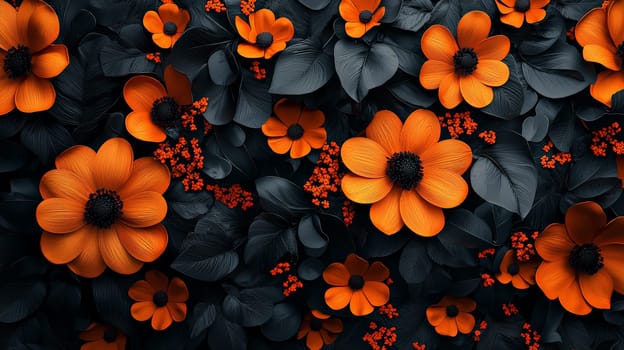 A hyper-detailed, high-resolution 3D rendering featuring an abstract floral-inspired design in vibrant orange and black. The intricate, high-contrast composition combines natural floral motifs with a modern, digital aesthetic, creating a visually rich and immersive background.