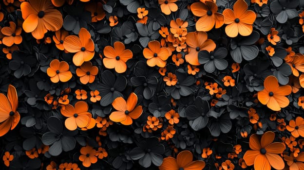 A hyper-detailed, high-resolution 3D rendering featuring an abstract floral-inspired design in vibrant orange and black. The intricate, high-contrast composition combines natural floral motifs with a modern, digital aesthetic, creating a visually rich and immersive background.