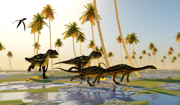 A Dimorphodon Pterosaur watches as Allosaurus dinosaurs run after Anchisaurus dinosaurs for their next meal.