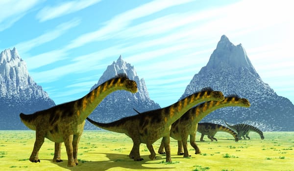 Camarasaurus was a sauropod herbivore dinosaur that lived in herds in the Jurassic Era of North America. Here they are eating sparse vegetation in their travels across the plains.