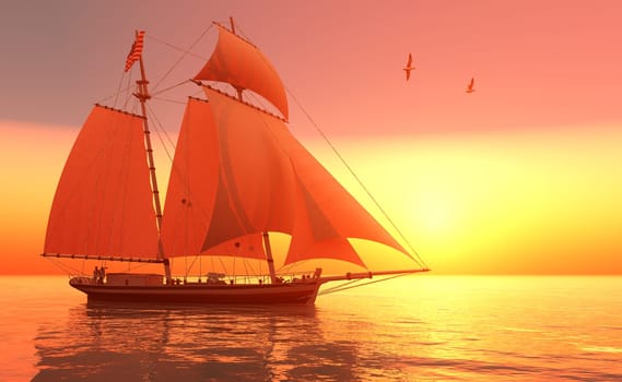 Two Seagulls fly near an ocean sailing ship bearing a striped US flag.