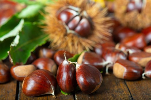 Chestnut with leaves on a wooden background