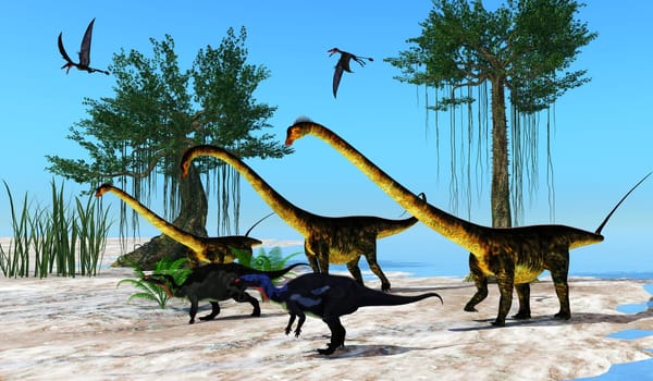 Camptosaurus dinosaurs join with Barosaurus sauropod dinosaurs as Dorygnathus Pterosaurs fly over the group.