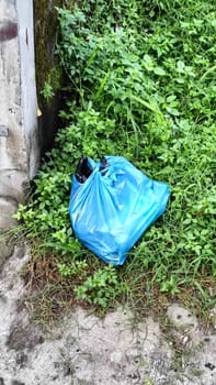 A blue trash bag is abandoned in a patch of overgrown grass beside a concrete wall. Symbolizes environmental neglect and urban waste issues.