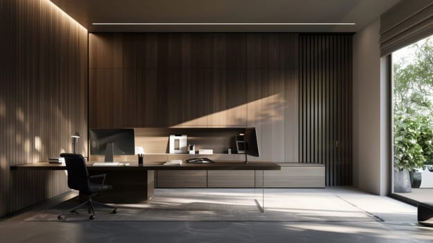 A minimalist home office setup with sleek furniture and subtle accents