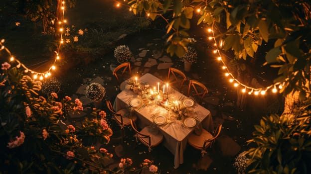 A romantic dinner setup with fairy lights and flowers, captured from a high angle