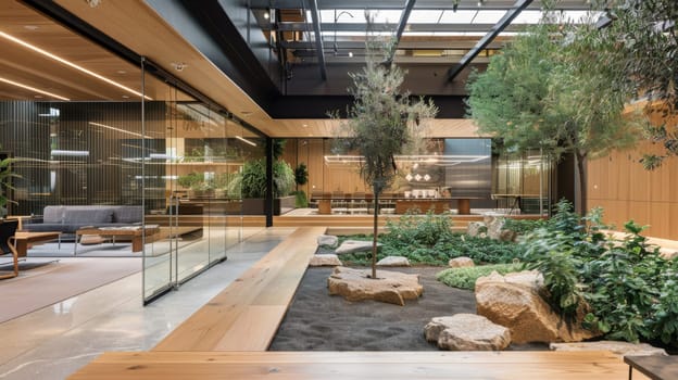 A spacious work environment with open areas and relaxation zones for employee well-being