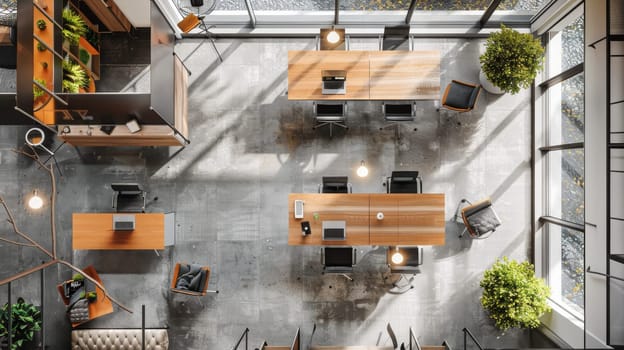 A top-down view of a flexible office layout with hot-desking areas for remote workers
