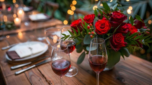 A romantic dinner setup with wine glasses and a bouquet of roses on a rustic wooden table, captured from a high angle