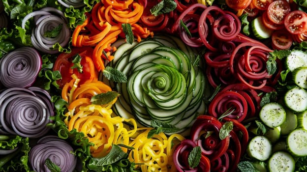 Abstract arrangement of spinning salad ingredients in a radial pattern