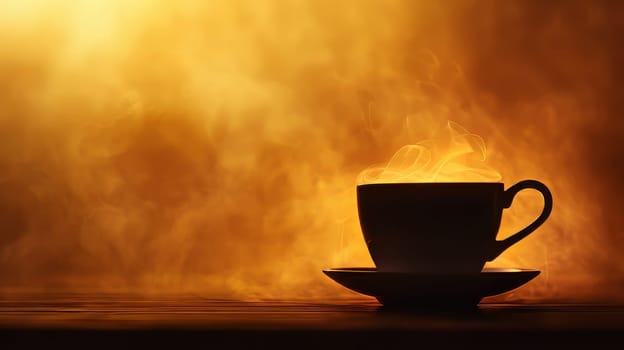 A striking silhouette of a hot cup of coffee against a glowing background