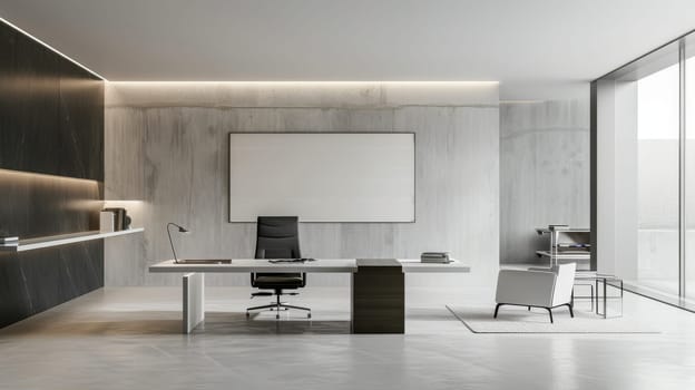 A minimalist work environment with neutral color scheme and minimalist furnishings