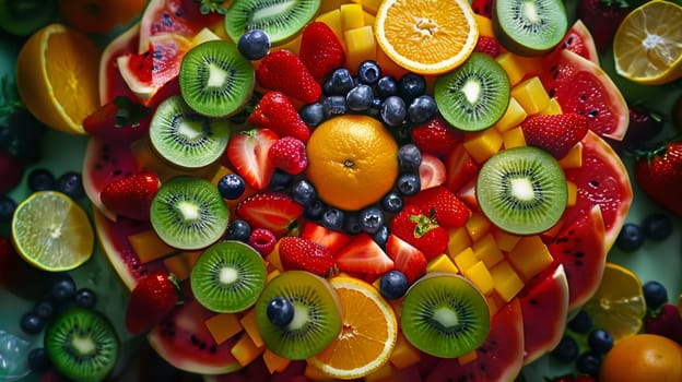 A vibrant fruit salad rotating gracefully from above