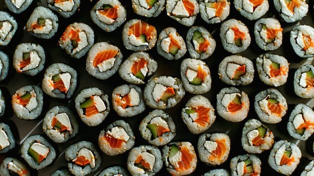 Abstract arrangement of spinning sushi rolls in an abstract pattern