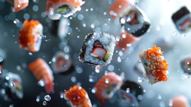 Abstract layout pattern of floating sushi pieces in a fluid motion