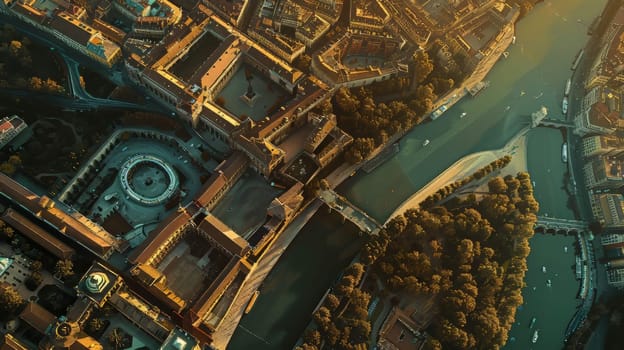 Aerial perspective of a city's historical landmarks