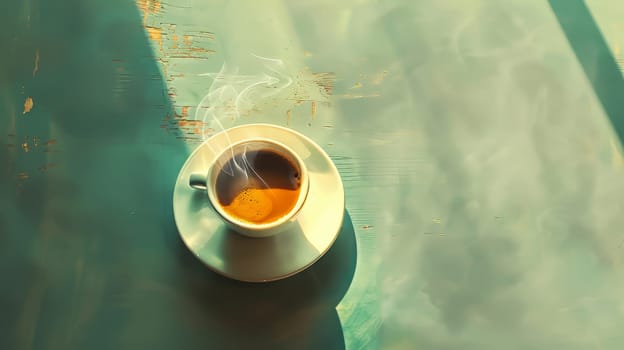 Aerial perspective of a steaming cup of coffee