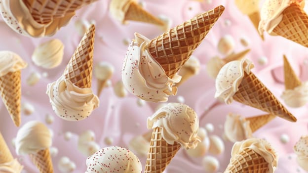 Abstract layout pattern of floating ice cream cones in various sizes