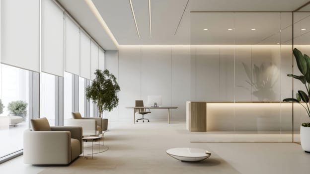 A minimalist office design with neutral color palette and minimalist furnishings