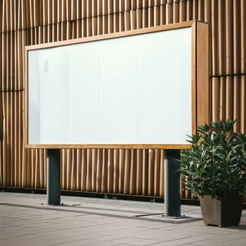 A large white billboard with a green plant in a pot next to it