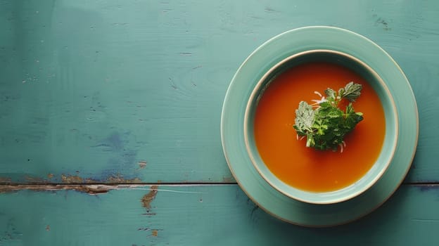 Aerial shot of a rotating bowl of soup with ample copy space