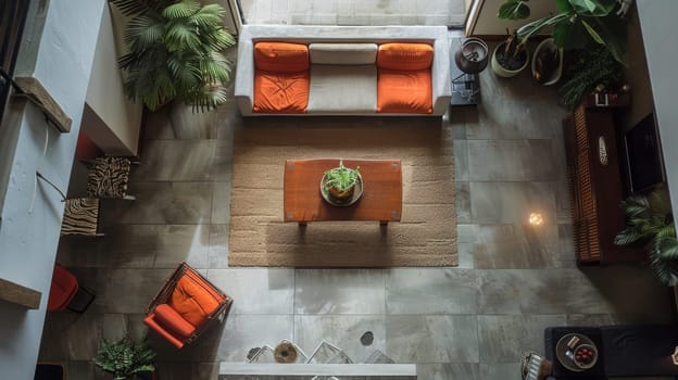 Aerial photograph offering a unique perspective on interior decor arrangement