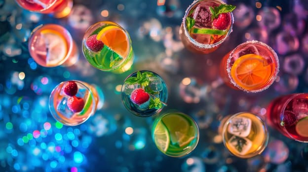 Aerial shot of floating cocktail glasses with vibrant mixes