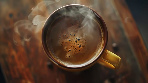 Aerial perspective of a steaming mug of coffee