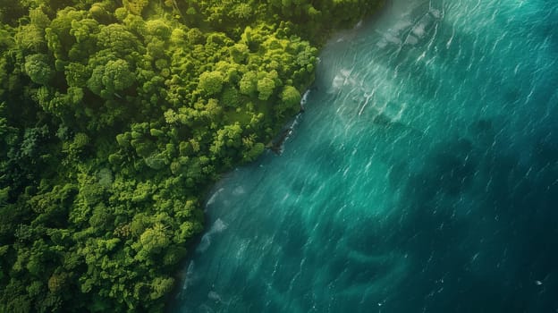 A beautiful view of a forest and a body of water. The water is calm and the trees are lush and green. Concept of tranquility and serenity