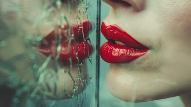 A pair of red lips pressed against a mirror, leaving behind the imprint of a kiss