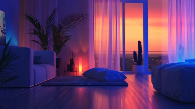 A living room with a couch, a potted plant, and a lamp. The room is lit with blue lights and has a calming atmosphere