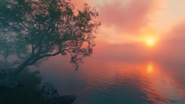 A tree is in front of a body of water with a beautiful sunset in the background
