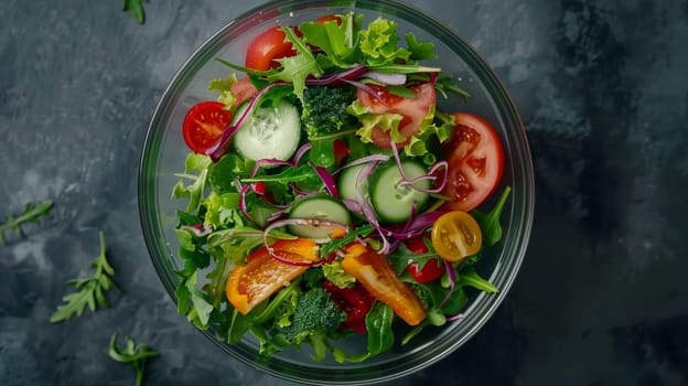 Aerial view of a rotating bowl of fresh salad ingredients