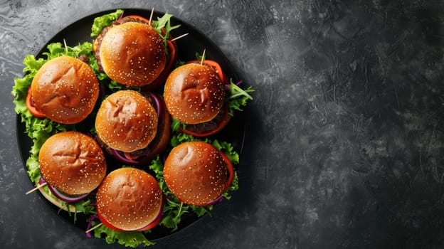Aerial view of a rotating plate of burgers with copy space
