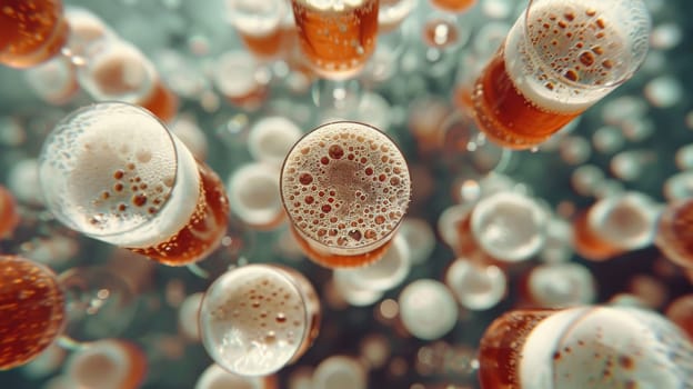 Aerial view of floating beer glasses with frothy heads