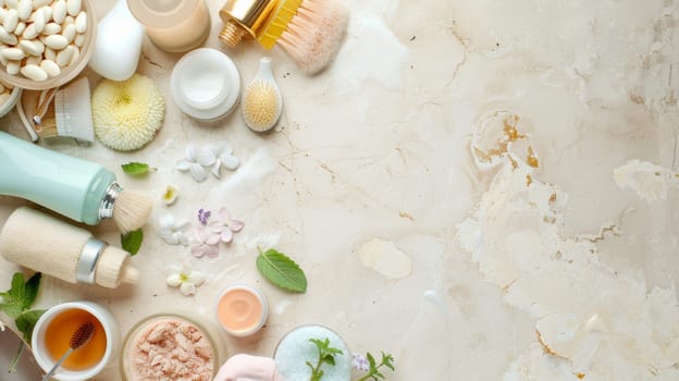 Balanced layout of beauty and wellness items with designated copy space
