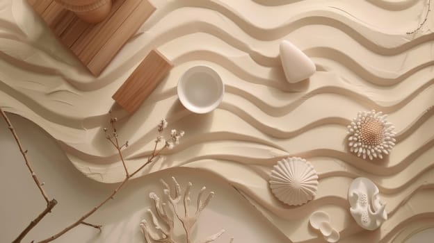 Balanced composition of spa and relaxation essentials in a wave-like layout pattern