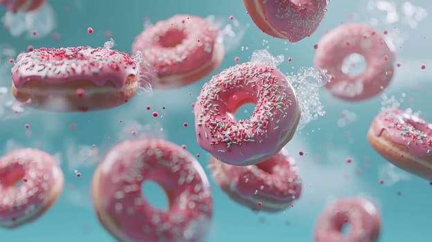 Aerial view of floating donuts arranged artistically