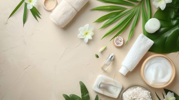 A table with various beauty products and a few flowers. The table is set up for a spa day