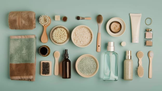A collection of bathroom items including a bottle of lotion, a bottle of shampoo, a bottle of conditioner