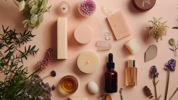 A table with many different items on it, including candles, lotions, and flowers. Beauty and wellness concept