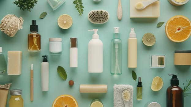 Beauty and wellness essentials organized in a symmetrical grid layout pattern for unity