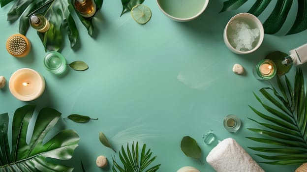 A green background with a variety of items including candles, lotions, and a towel. Scene is calming and relaxing