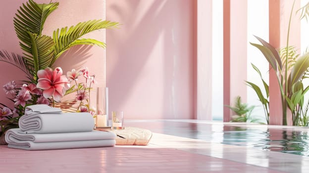 A pink room with a white towel on the floor and a vase of flowers