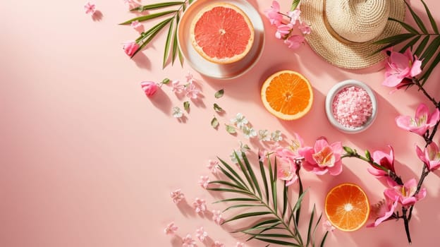 A table with a white plate of oranges and a pink hat. The oranges are cut in half and arranged on the plate. The table is surrounded by pink flowers and leaves, creating a colorful