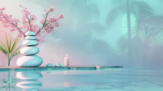 A serene scene of a vase with white stones and a candle on a table by a body of water