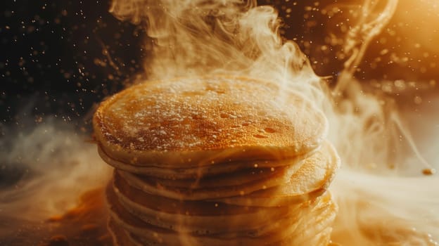 Aerial view of a spinning stack of pancakes